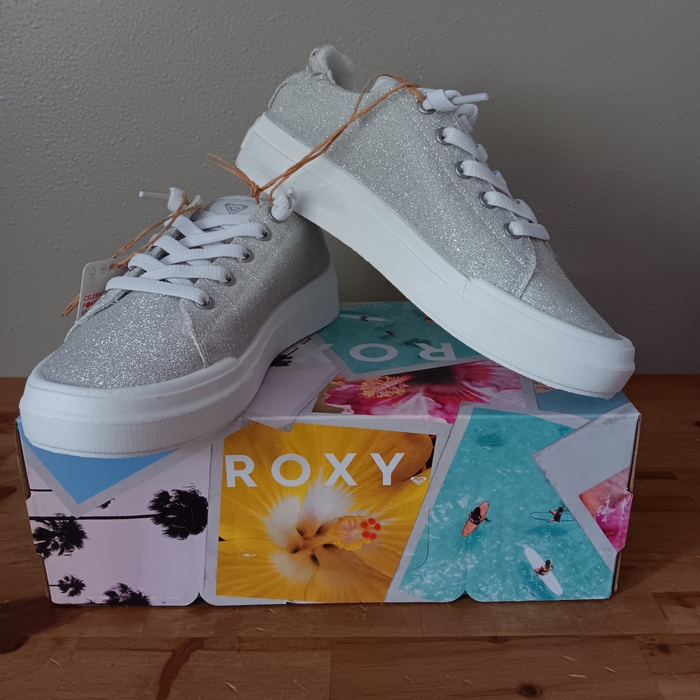 Roxy Rae-040 Sneakers Kids Size 4 Silver New Glitter Low Top Lace Up Shoes
